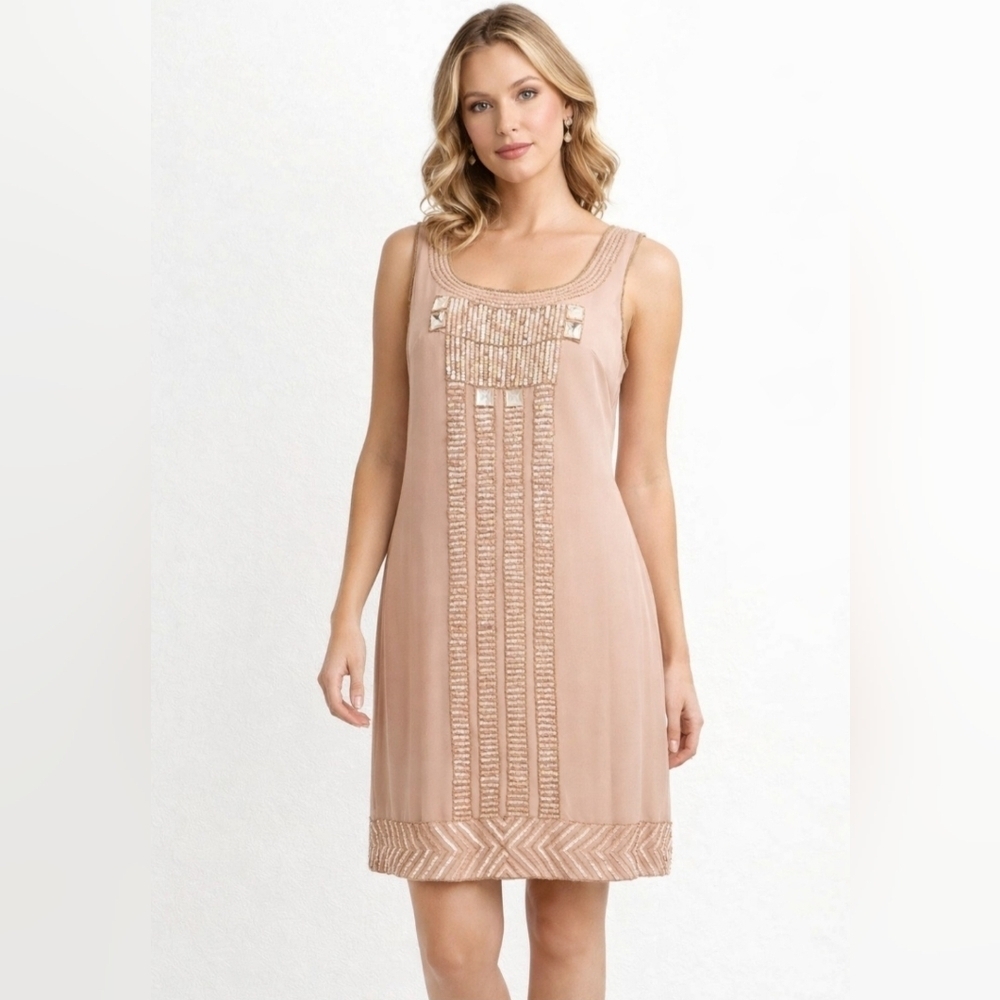 Adrianna Papell Evening Sleeveless Shift Dress Beaded Sequin Embellished Size 10